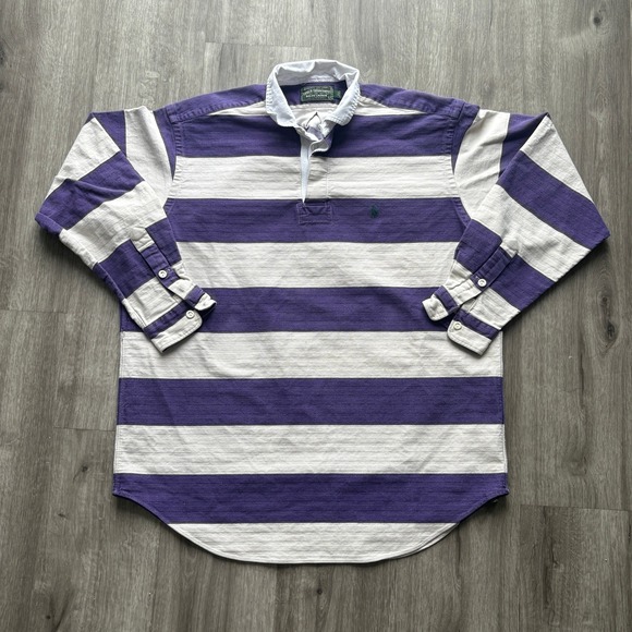 Vintage Ralph Lauren Polo Country Rugby Shirt Purple White Stripe Long Sleeve L - Picture 2 of 5